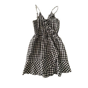 Express Women's XS Mini Dress Faux Wrap Black White Gingham Straps V-Neck Ruffle